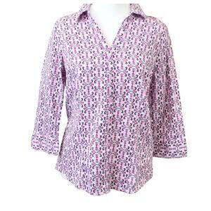 Dana Buchman Blouse Purple-Pink-Black Print 3/4 Sleeve Cotton/Spandex Small